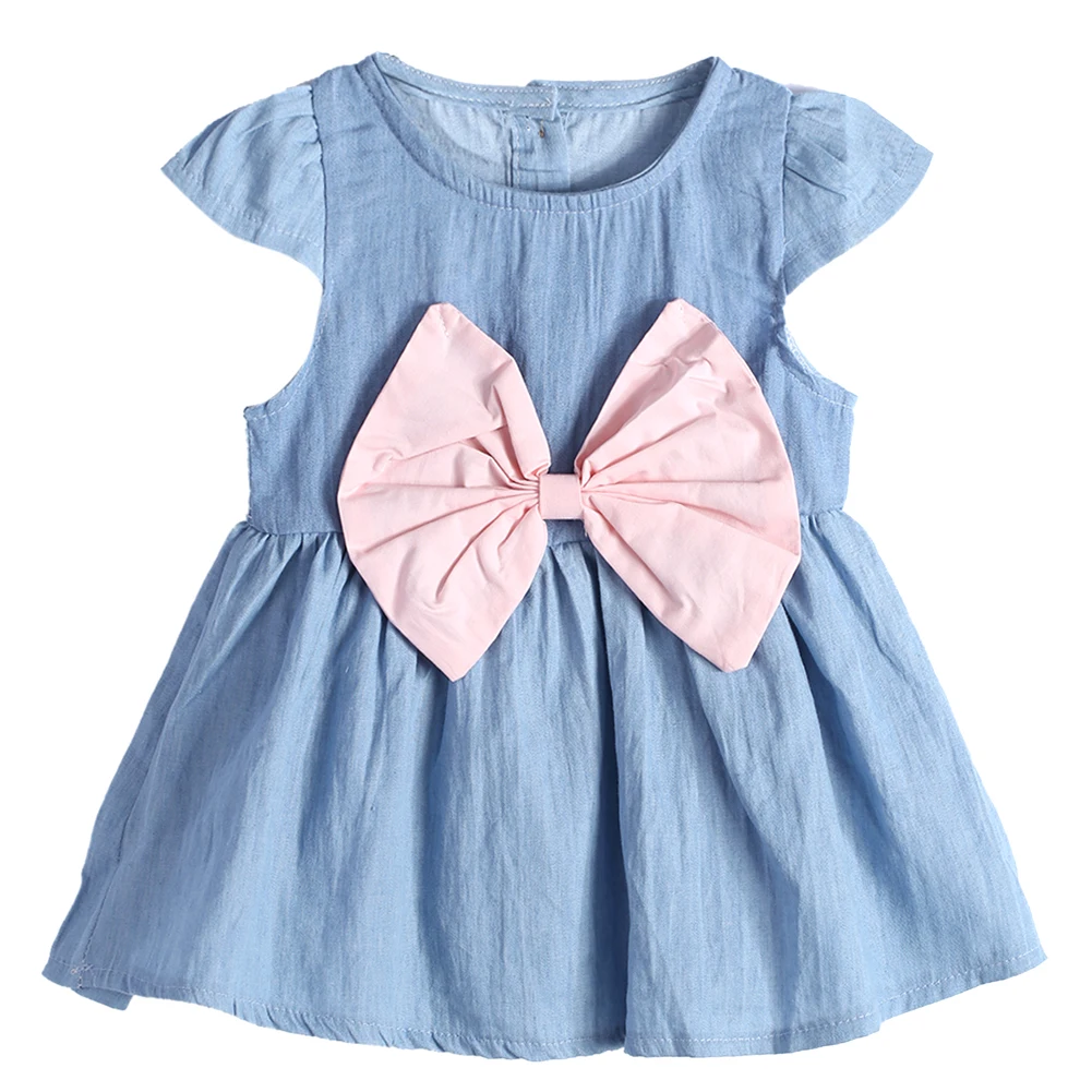 Baby Girl Denim Dress Cute Big Bow Blue Button Sleeveless Princess Girl