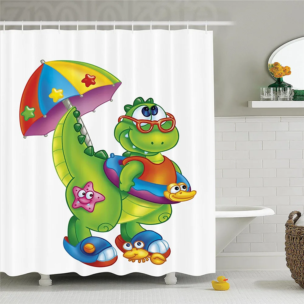 

Jurassic Cute Dinosaur with Colorful Umbrella Glasses Going to Swimming Cartoon Image Print Polyester Bathroom Shower Curtain Gr