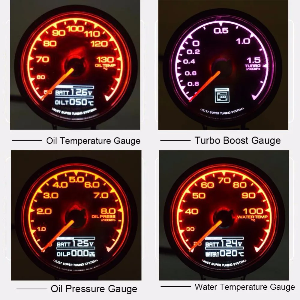 

Oil Pressure Turbo Boost Gauge Oil Temp Water Temperature Gauge Meter for Car Racing 12V vehicle