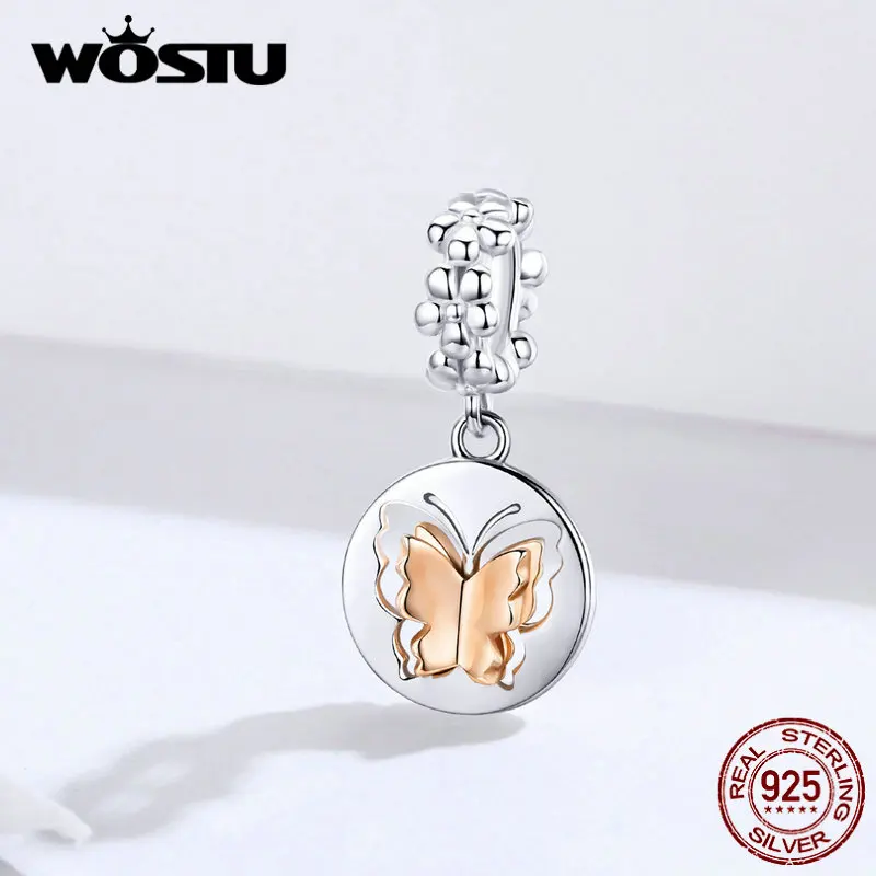 WOSTU розовое золото Бабочка подвеска шарм 100% Стерлинговое Серебро 925 пробы цветок