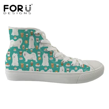 

FORUDESIGNS Cartoon Samoyed Floral Pattern Canvas Women Shoes Multi-color Female High Top Sneakers Lady Lace Up Vulcanize Shoes