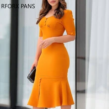 Твердые Кнопки Дизайн Pep Hem Bodycon платье