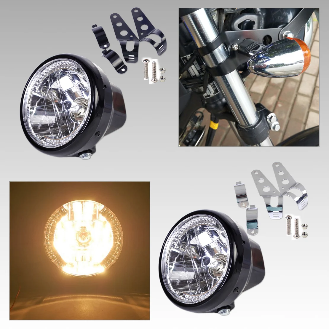 New 7" Clear LED Headlight Halogen Turn Signal Indicators Blinker + 33 45mm Brackets for