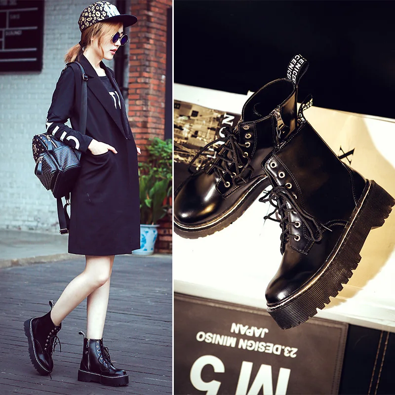 

Martin feminine boots British wind tide new retro thick student with round head lace short boots women spring and autumn.