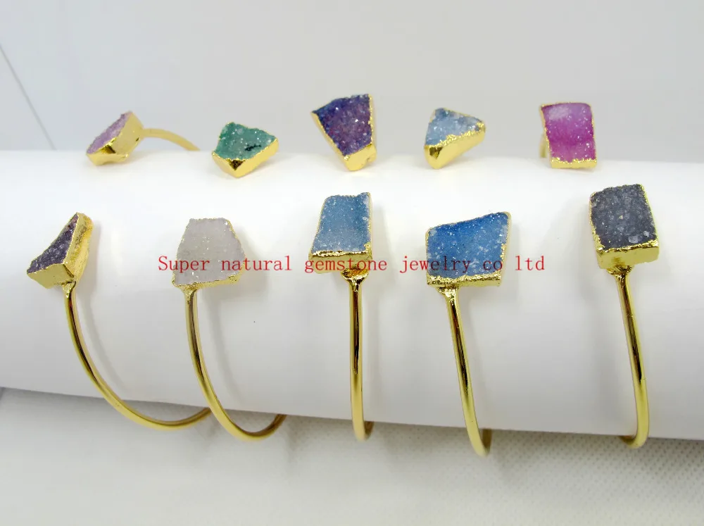 

Natural Stone Quartz Drusy Cluster Stone Bracelet Mixed Color Geode Quartz Agat Drusy Bangle For Women's Jewelry Mix 2pcs/lot