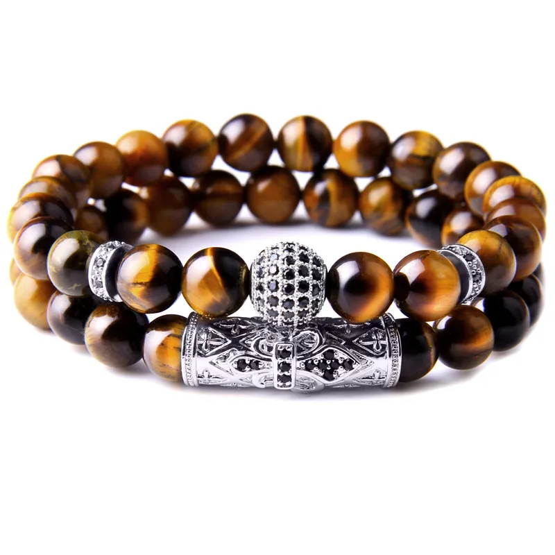 2pcs Men's Bracelet High Quality Natural Yellow Tiger Stone Micro Pave CZ Round Ball Charm Couple Jewelry | Украшения и