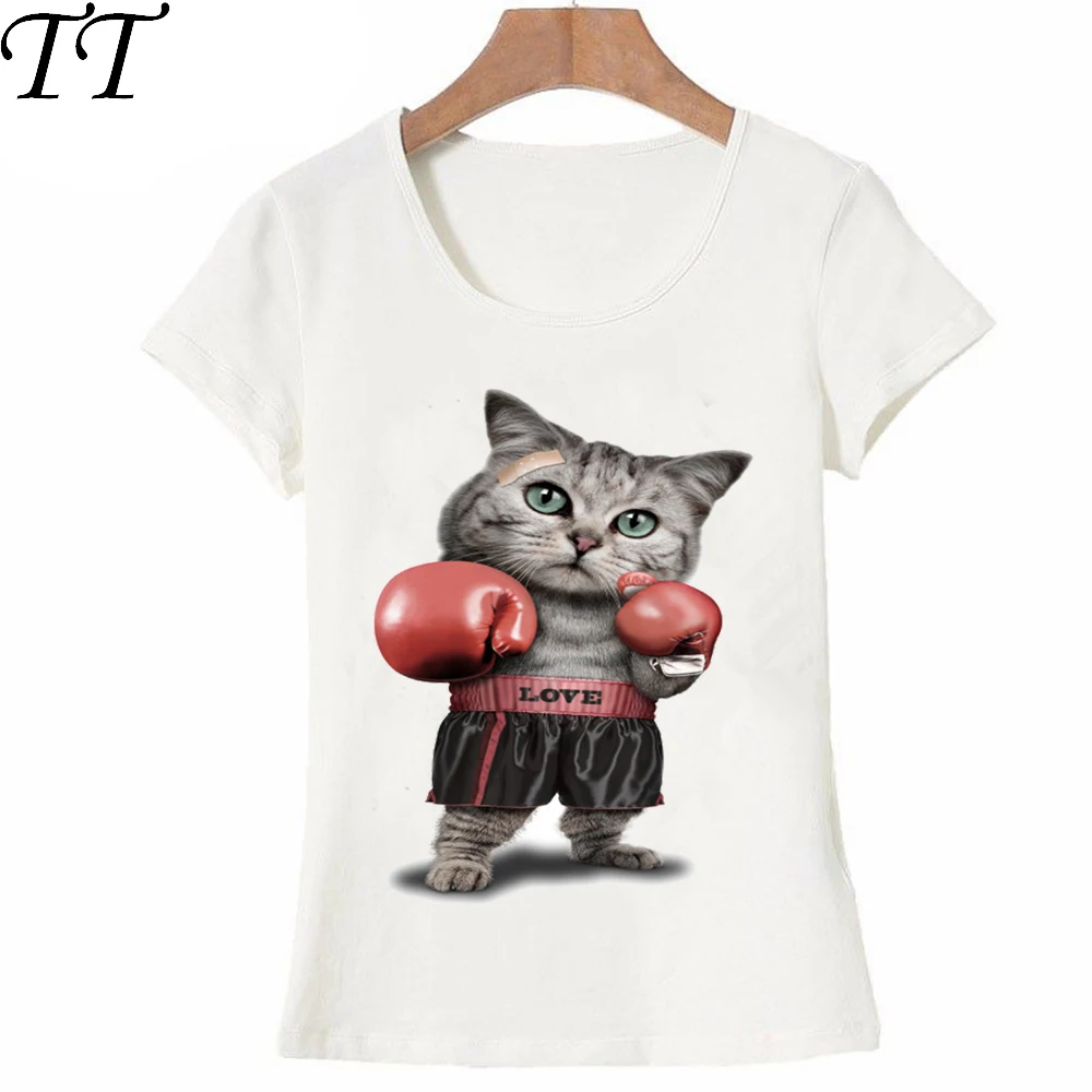 

Cat boxer T-Shirt summer fashion Women's short sleeve white High Quality lady Tops cute animal design girl Tees