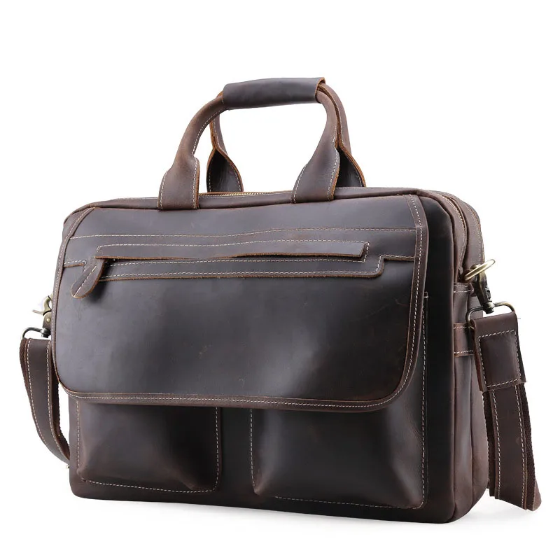 Сумасшедший кожаный двойной молнии большой емкости мужской портфель повседневная кожаная сумка 15-дюймовый сумка для ноутбука площадь