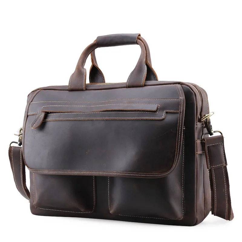 

Crazy leather double zipper large capacity men's briefcase casual leather bag 15-inch computer bag cross section square handbag
