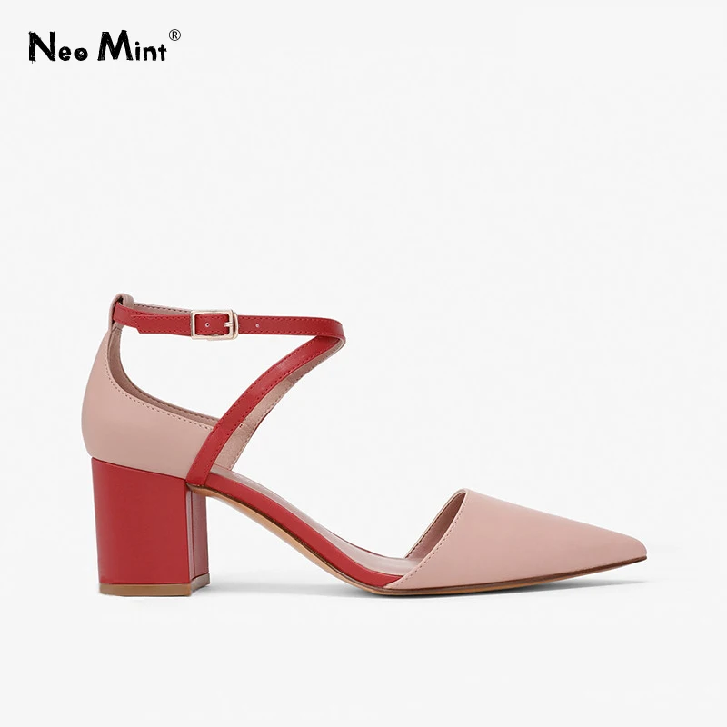 

2019 Summer Ankle Strap Women Sandals Chunky Heels Sandals Women Pointed Toe Leather High Heel Shoes Woman