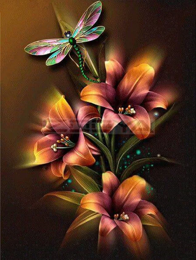 Embroidery 5D DIY Diamond Lily Flower and Dragonfly Painting Cross Stitch Round Drill 2019 Decoration | Дом и сад