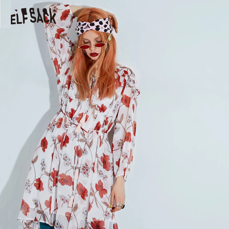 

ELF SACK Pink Floral Print Chiffon Women Summer Dresses 2019 Fashion Female Holiday Beach Dress Elegant A-Line Party Dress
