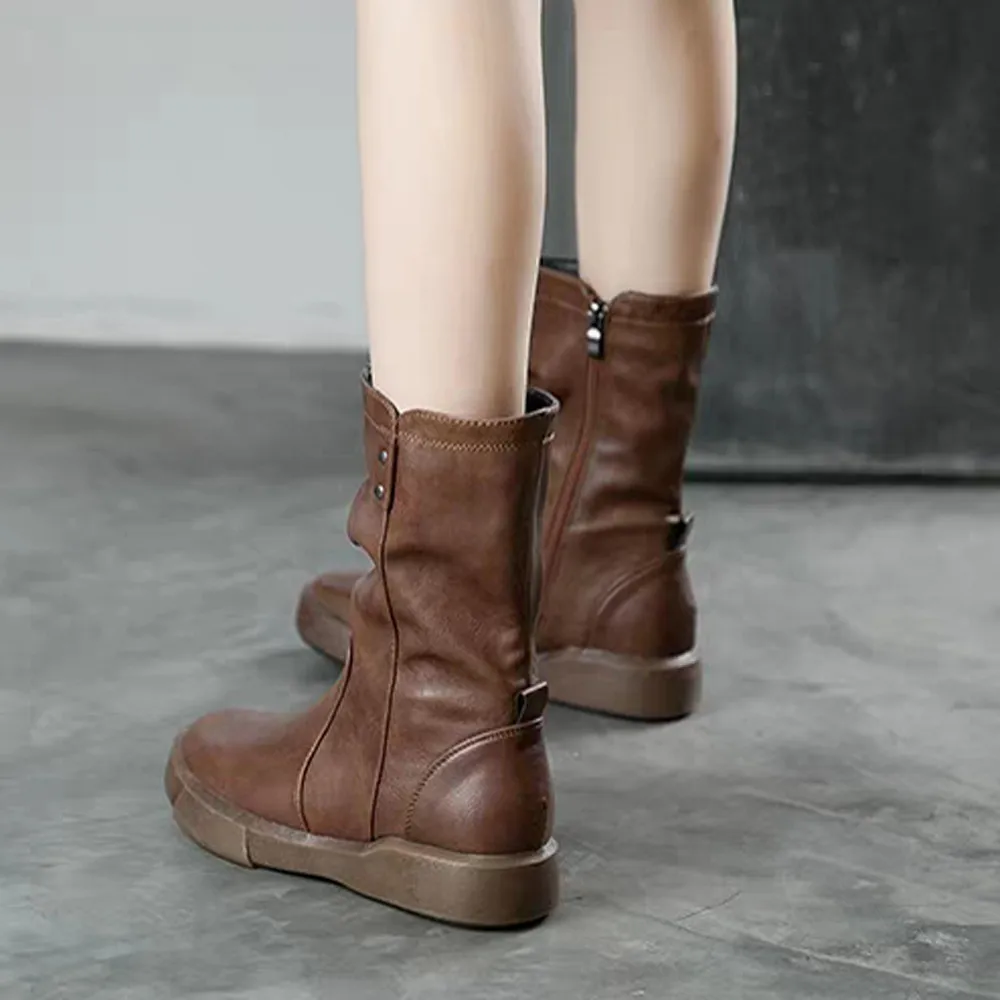 Women Leather Boots Flat Low Zipper Middle Tube Boots Casual Shoes Martin Boots