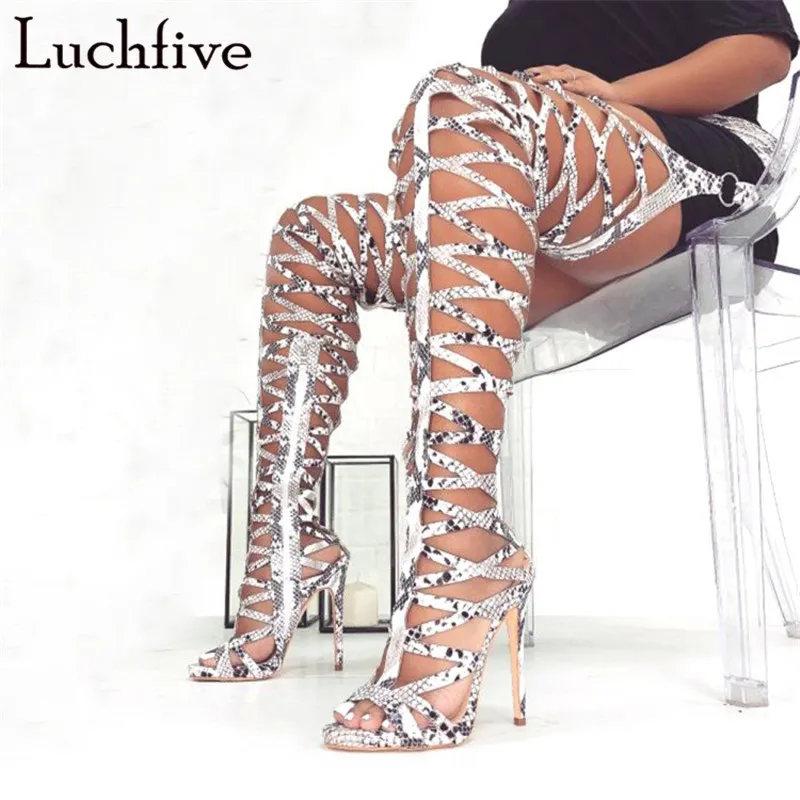 

Hot Cut Outs Over The Knee Sandals Party Shoes Sexy Peep Toe Thin High Heels White Shoes Woman Summer Zipper Sandals Feminina