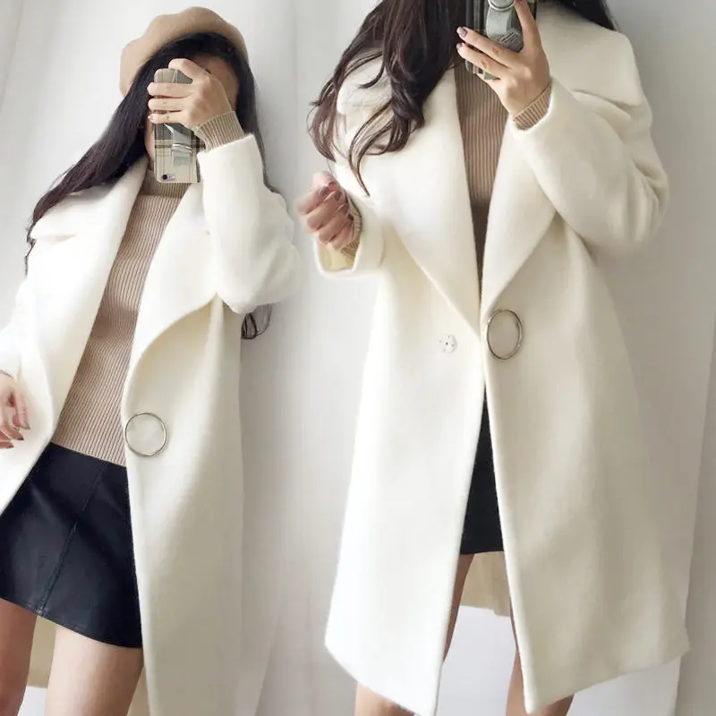 2018 White Wool Blend Coat Women Lapel Long Parka Winter Jacket Cocoon Style Elegant Woolen Coat Thicken Female Outerwear 1652