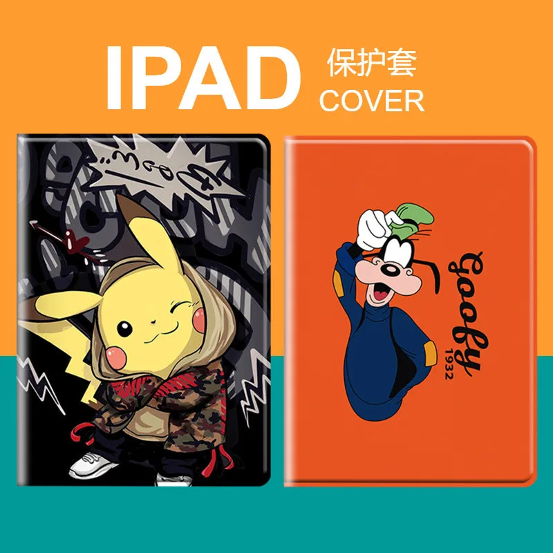 

For Ipad 2017 2018 Air 1 2 3 Mini 1 2 3 4 5 Pro 9.7 10.5 11 PU Leather Protective Anti-Dust Cover Cute Pikachu Cartoon Case