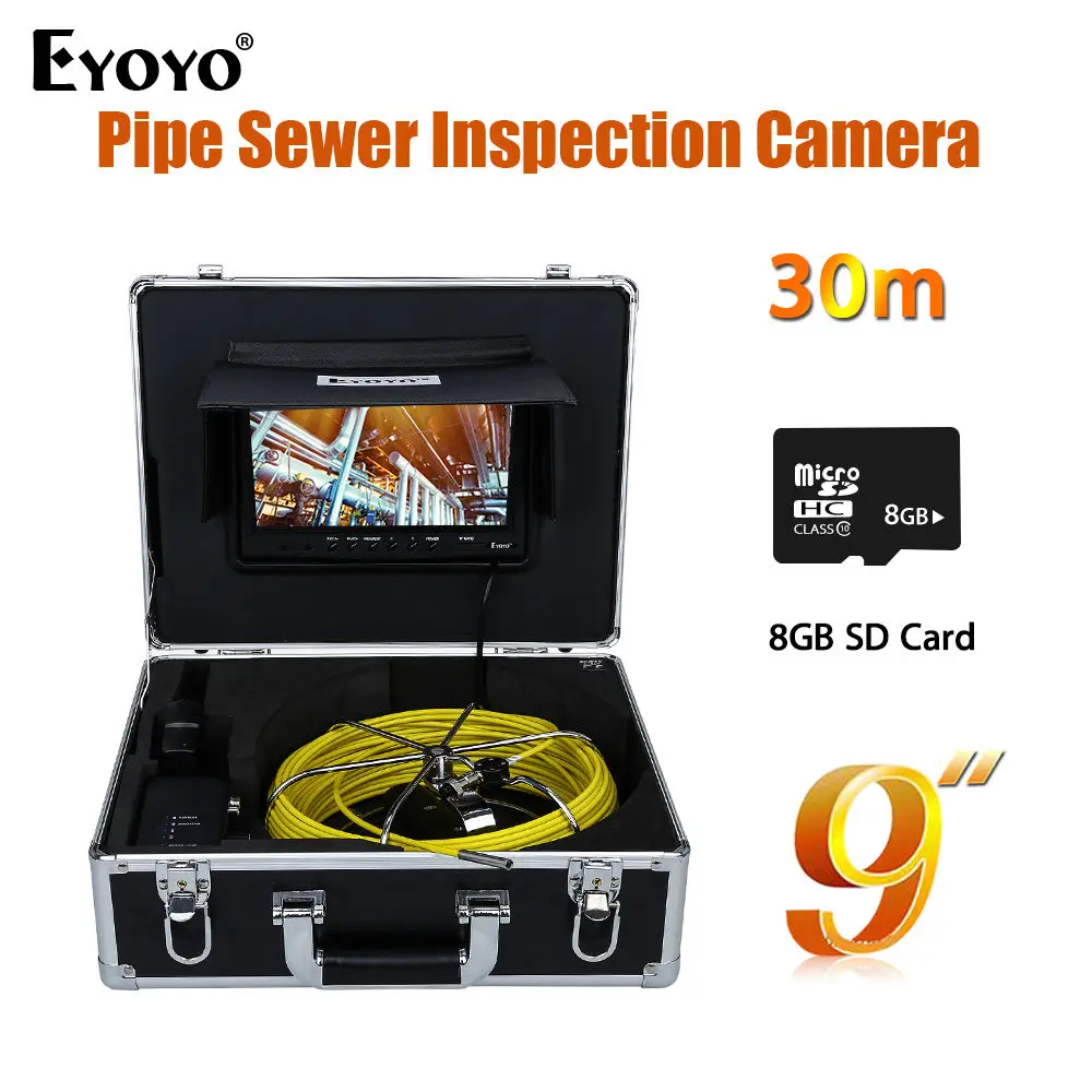 

Eyoyo 30M 7mm Drain Pipe Sewer Inspection Video Camera 9" LCD Display 1000TVL LED Night Vision Borescope 8GB HD Video Camera