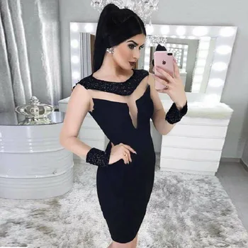 

Seamyla New Arrivals Bandage Dresses Women Sexy Mesh Long Sleeve Beading Clubwears Bodycon Dress Elegant Celebrity Party Dress