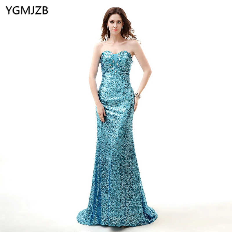 

Blue Sequin Evening Dress Long 2019 Mermaid Strapless Sleeveless Crystal Lace Women Formal Prom Evening Gown Plus Size