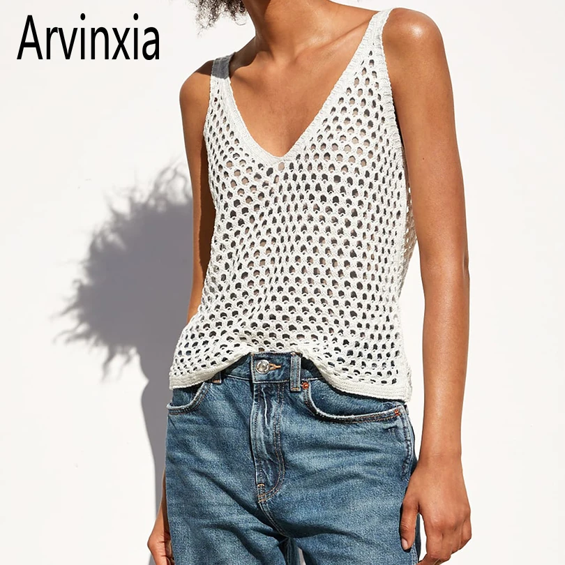 

Arvinxia ZA Sexy Hollow Out Deep V Neck Woman Camis New Transparent Loose Sleeveless Ladies Tops Chic Holes Streetwear Woman Top