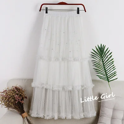 Белый Весенние бусина Boho Длинные юбки из тюлевой ткани Милая Многоуровневая гофрированная макси юбки розовые цвета слоновой кости длинные юбки для женщин - Цвет: Белый
