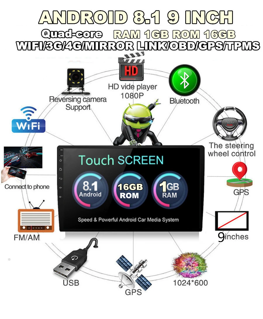 Универсальное регулируемое позиционирование " 1080 P Android 8,1 сенсорный экран четырехъядерный ОЗУ 1 Гб ПЗУ 16 Гб стерео радио gps Wifi