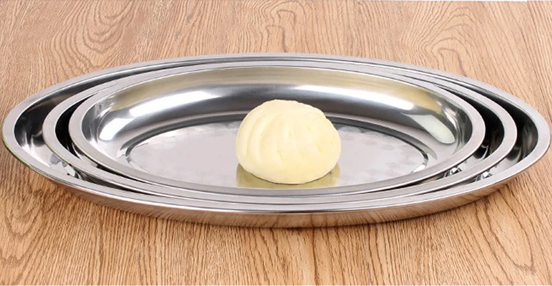 Высококачественная немагнитная тарелка из нержавеющей стали, овальная тарелка для углубления, обычная мелкая тарелка на пару вермишели 21-45 см, блюдо для рыбы