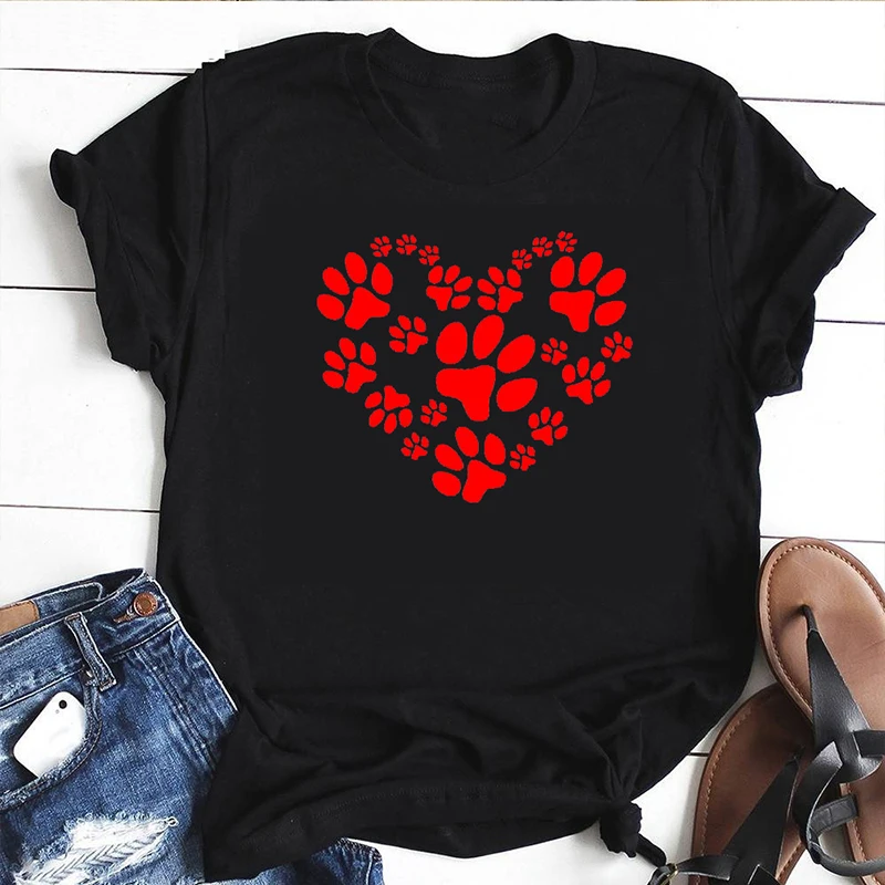 

Dogs Paw Love Heart Graphic Tee Shirt Women Causal Harajuku Dog Lover T-shirts Short Sleeve Top Tee Cotton Tshirt Drop Shipping