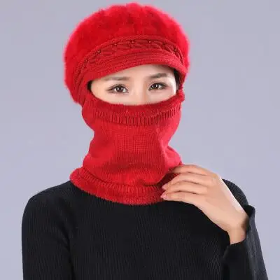 RUHAO зимняя вязаная шапка бини женский шарф Skullies Beanies Зимние шапки для женщин шапки Gorras Bonnet маска брендовые шапки - Цвет: Red