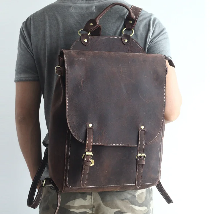 

2018 European Style New Head Cowhide Retro Men's Shoulder Bag,Men's Outdoor Travel Backpack Mad Horseskin Men's Bag Computer Bag