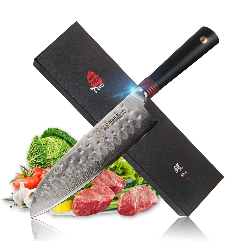 

TUO Cutlery 7'' Santoku Knife - Damascus Kitchen Knife - Japanese AUS-10 HC Stainless Steel - Hammered finished - RING-H Series