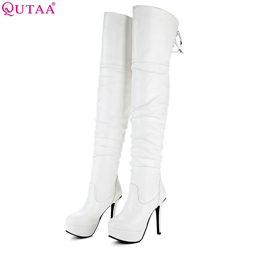 QUTAA 2018 Women Over The Knee High Boots Pu Leather Women Shoes Round Toe Platform Thin High Heel Ladies Boots Size 34-43 QUTAA 2018 Women Over The Knee High Boots Pu Leather Women Shoes Round Toe Platform Thin High Heel Ladies Boots Size 34-43