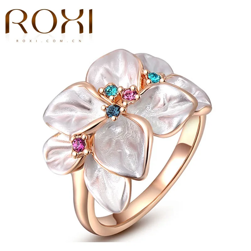 

ROXI Exquisite Rings For Women Classic AAA Rhinestone Leaves Rose / White Gold Color Flower Ring Jewelry For Wedding Engagement
