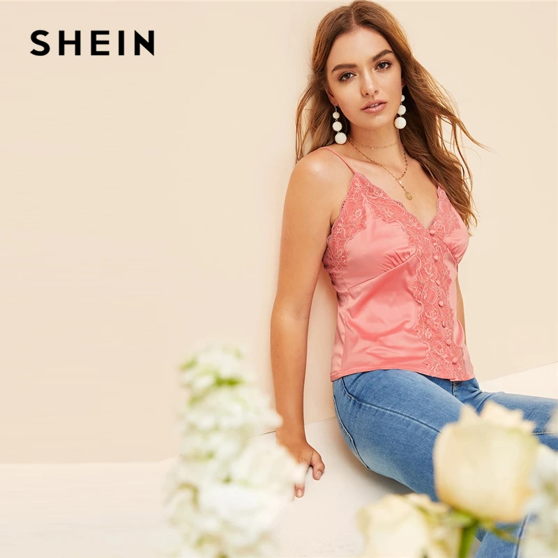 

SHEIN Pink Lace Detail Button Front Slim Fitted Cami Women Satin Top Sexy Spaghetti Strap Summer Camisole 2019 Glamorous Camis