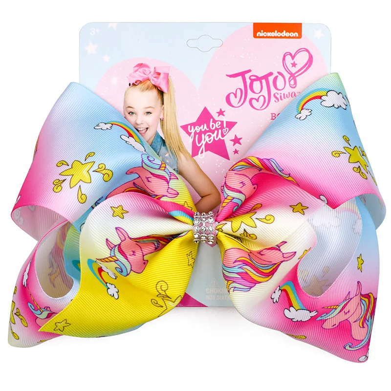 JOJO Siwa бант для волос 8 дюймов Большие радужные аксессуары для волос принт Единорог яркая Поплиновая лента бант заколка для волос для девочек