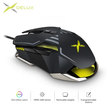 

Delux M628 PMW3389 Sensor 16000 DPI Gaming Mouse 9 Buttons 50G ACC RGB Wired Optical Both Hands Mice with Weight set For Gamer