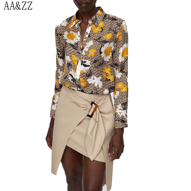 AA&ZZ Women Floral Print Basis Blouse Tops Turn down Collar Long Sleeve ...