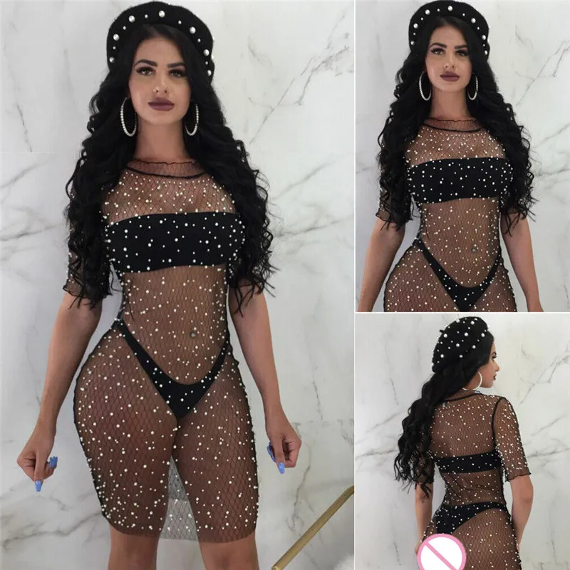 

Women Sexy Perspective Crochet Mesh Beach Dress Swimwear Summer Female Sheer Bikini Cover Up Short Sleeve Sequin Mini Dresses