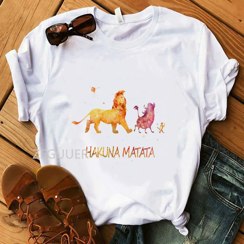 

Women T-shirt HAKUNA MATATA Lion Print Vogue T-Shirt Girl Cotton White Hipster 90s Summer Tees Lady Soft Casual Harajuku Tops