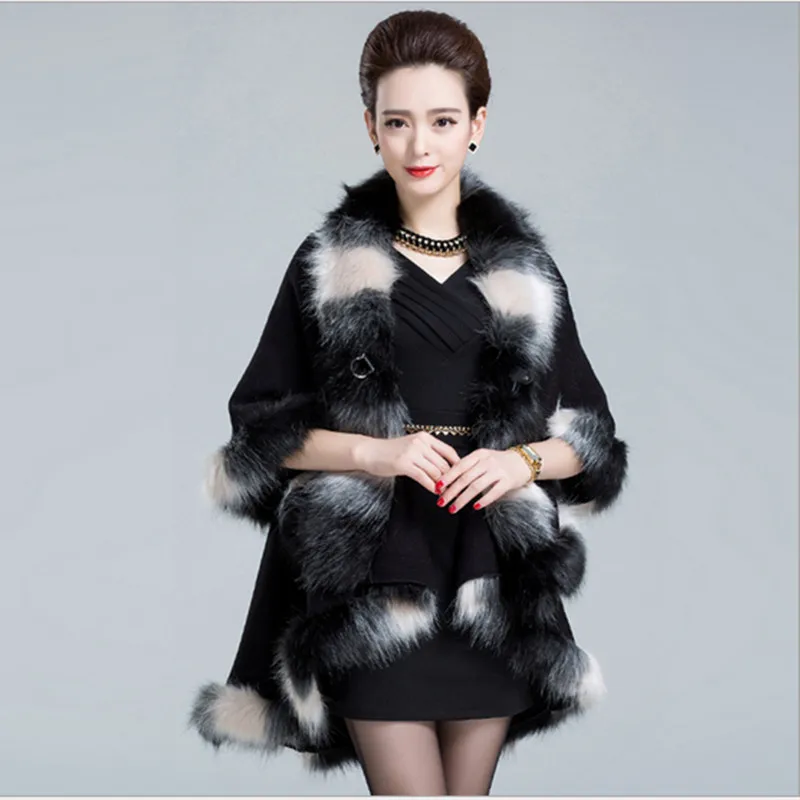 Искусственный Лисий мех смешанные цвета пончо пальто осень зима модный вязаный кардиган шерсть кашемир женские накидки и пончо