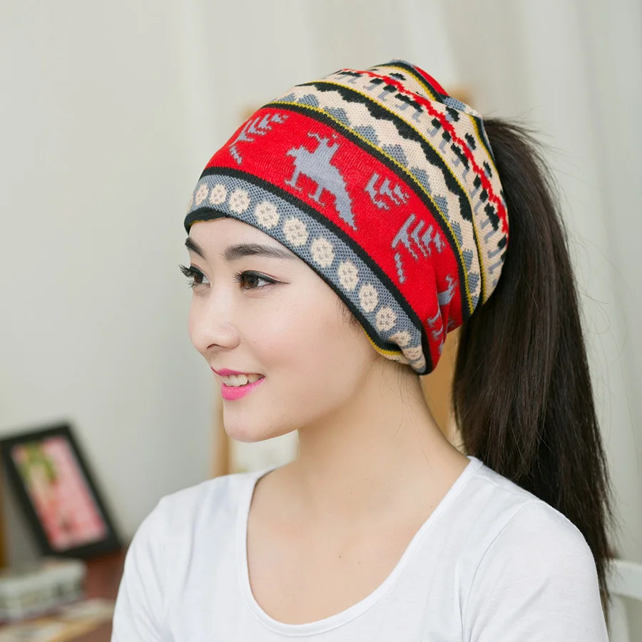 

Vintage Women Snow Beanies 2 Colors Ethnic Hat Spring Women Beanie Autumn Winter Hats For Women Multifunction 2 Layer Scarf Caps