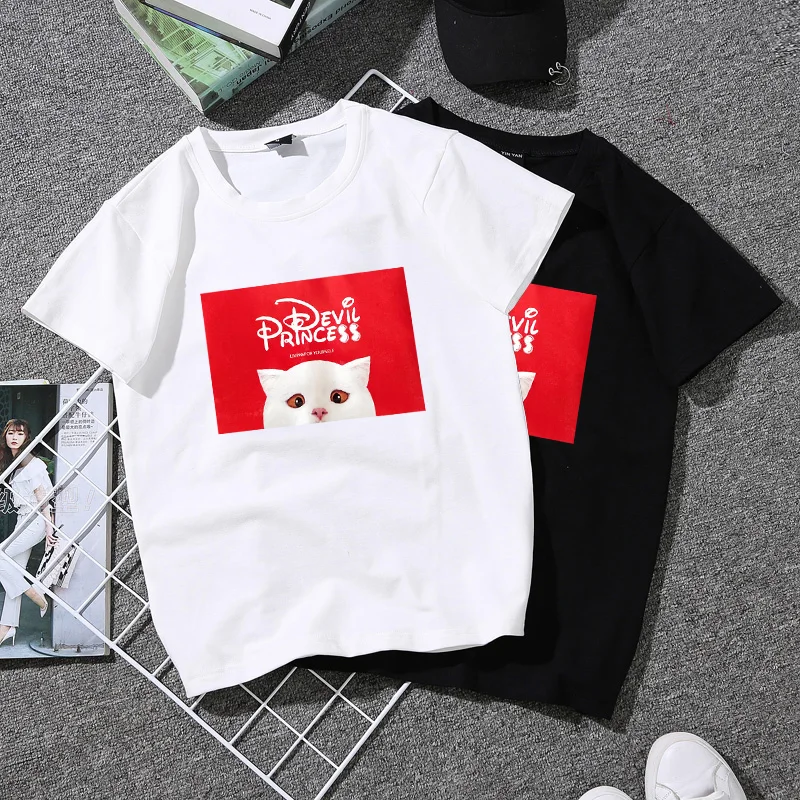 Летняя новая футболка Харадзюку, женская футболка с рисунком милого кота, женская футболка с коротким рукавом и круглым вырезом, Женский Топ, мягкая белая футболка