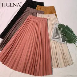 Tigena Высокая талия плиссированные юбки женские модные 2019 Лето линия Винтаж элегантная длинная юбка миди Женский школьная юбка солнце черный