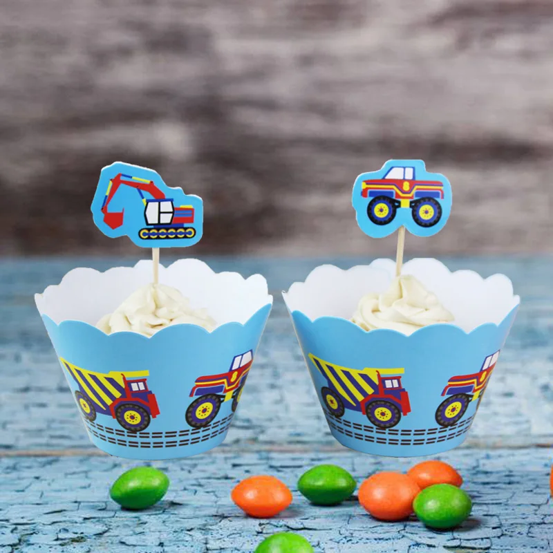

12pcs Construction Vehicle Cake Toppers + Engineering Truck Cupcake Wrappers for Kids Party Birthday Cake Decoration