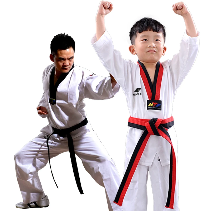 

Hot sale Taekwondo Uniform Traditional white suite for kids adult student Tae kwon do dobok WTF approve Black V-Neck Uniforms