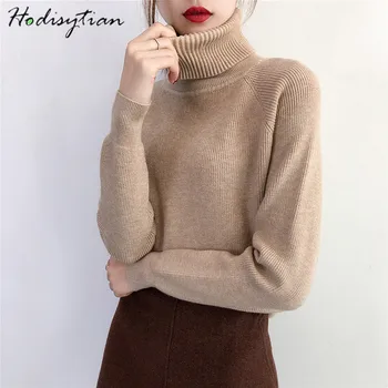 

Hodisytian Women Knitted Sweater Pullovers High Elastic Long Sleeve Turtleneck Casual Slim Chic Cotton Tunic Female Jumper Tops