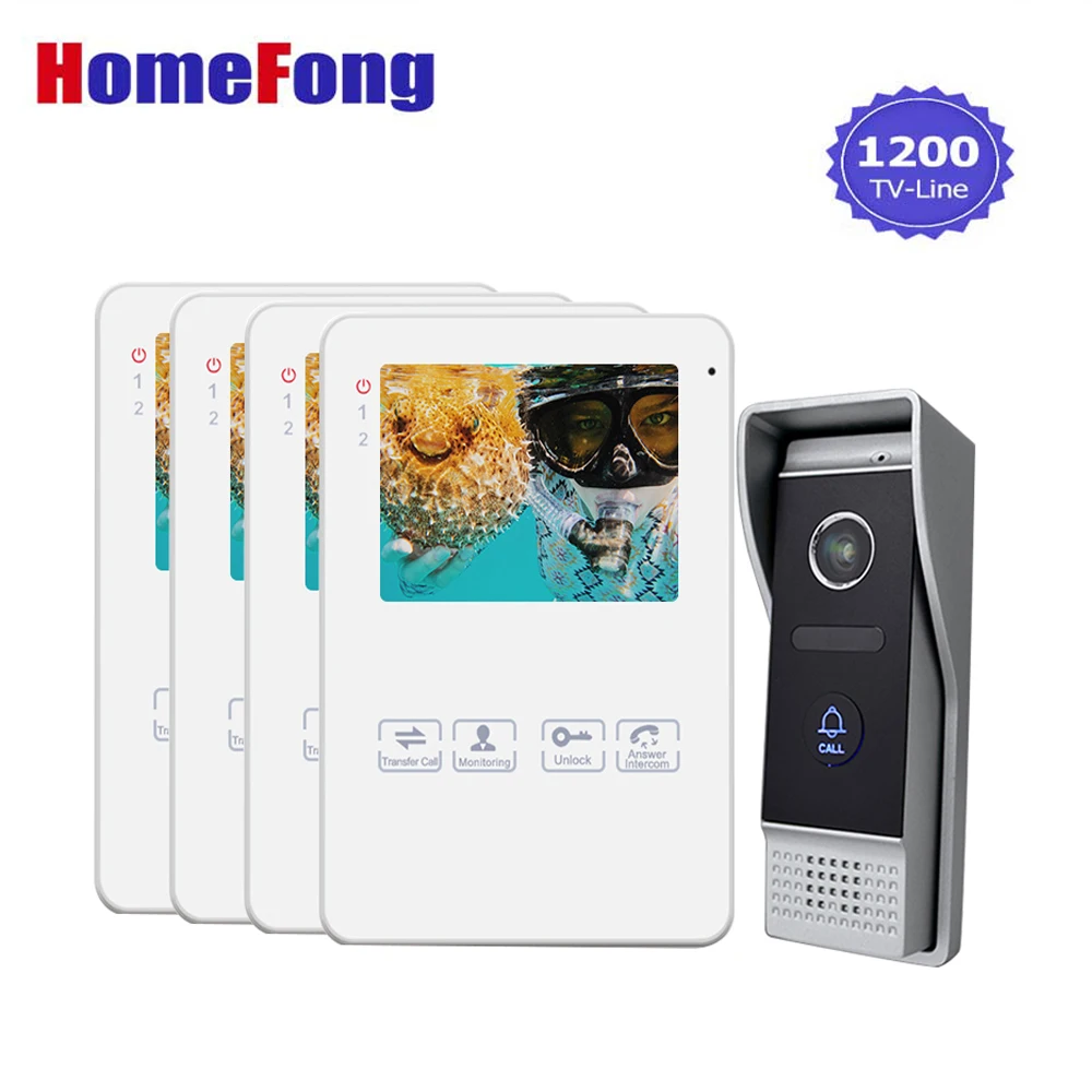 

Homefong 4 Inch 4 Wire Vdeo Door Phone Doorbell Intercom Kit Wired Waterproof Doorbell Camera 4 Indoor monitors 1 Outdoor Panel