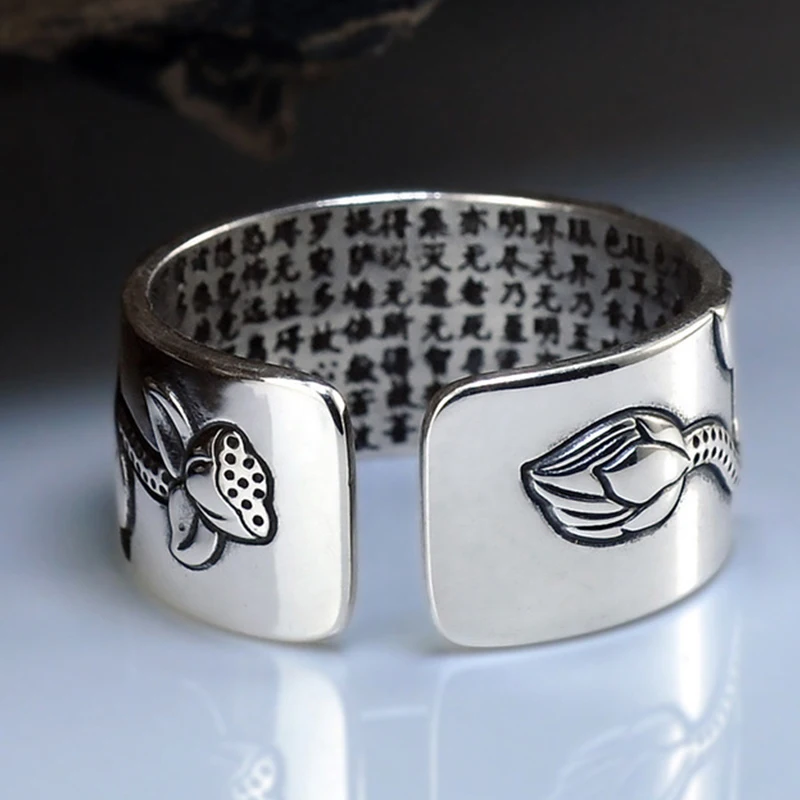 BALMORA Настоящее 999 Чистое серебро Ретро цветок лотоса открытый укладки палец кольцо для мужчин женщин буддизм Сутра модные ювелирные изделия