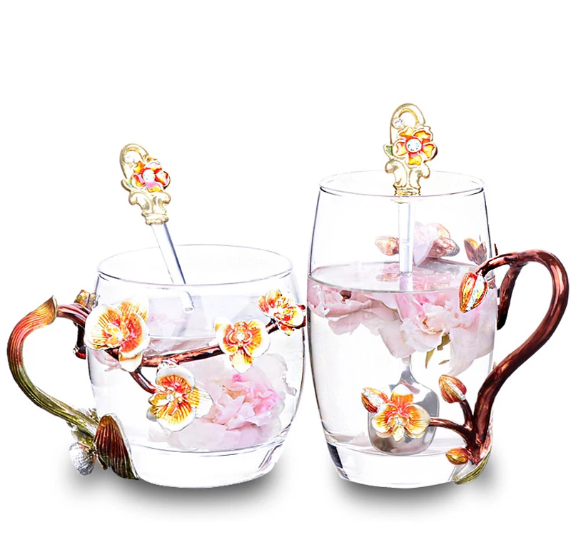 Персиковый цвет и стразы, украшенные эмалью, кофейная кружка, цветочный чай, стеклянные молочные чашки, сплав, рукоятки, чашки и кружки, подарок