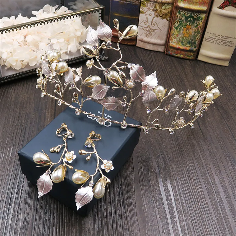 

Gold Color Leaf Shape Pearl Flower Wedding Crown Headband Bridal Tiara Party Show Pageant Hair Accessories Jewelry CA-GHB005